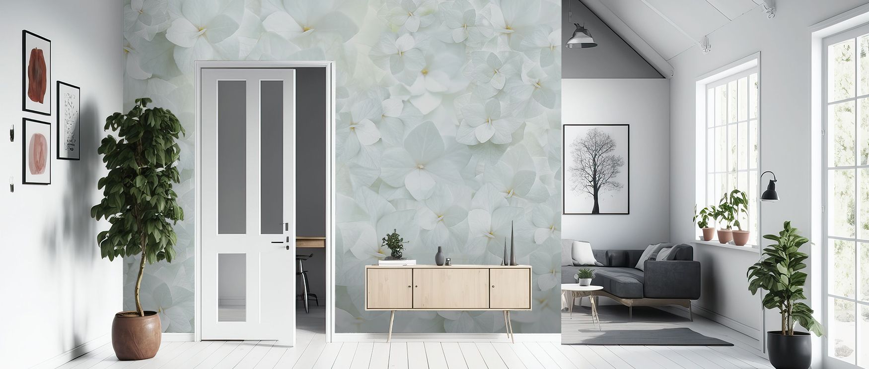 Hydrangea Whites Wallpaper surrounds interiors with luminous blossoms, creating presence filled with charm. Its palette conveys softness and calm, offering walls floral grace. By wrapping spaces in this atmosphere, it enriches homes with refined sophistic