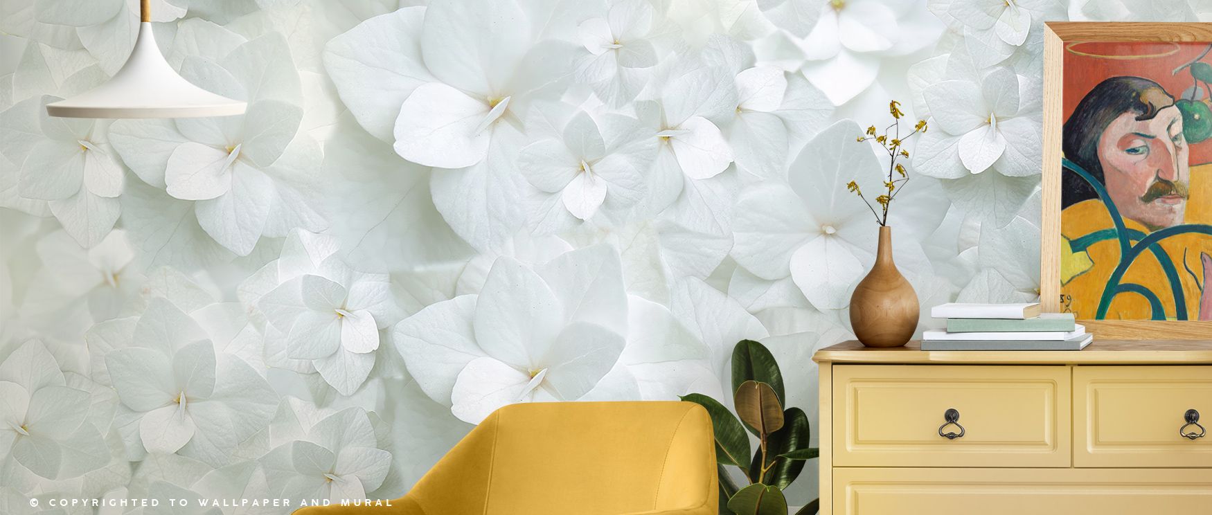 Hydrangea Whites Wallpaper embodies refinement, layering white blooms into timeless rhythm. Its tones radiate calm, surrounding interiors with charm. Walls gain serenity and presence, becoming reflections of elegance and floral sophistication. Perfect for