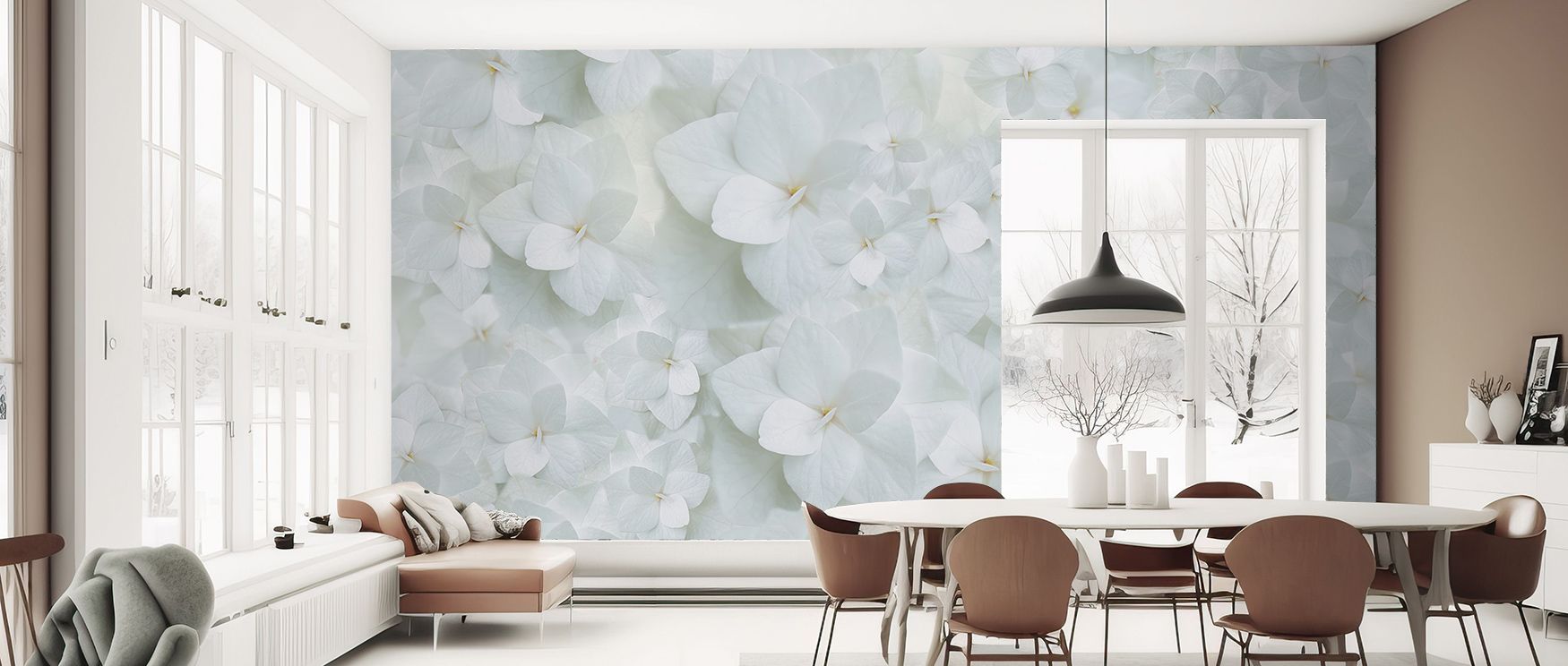 Hydrangea Whites Wallpaper creates tranquil atmosphere, weaving blossoms into compositions of grace. Its palette resonates with calm, surrounding interiors with elegance. Walls glow with balance, becoming filled with timeless charm. This design transforms