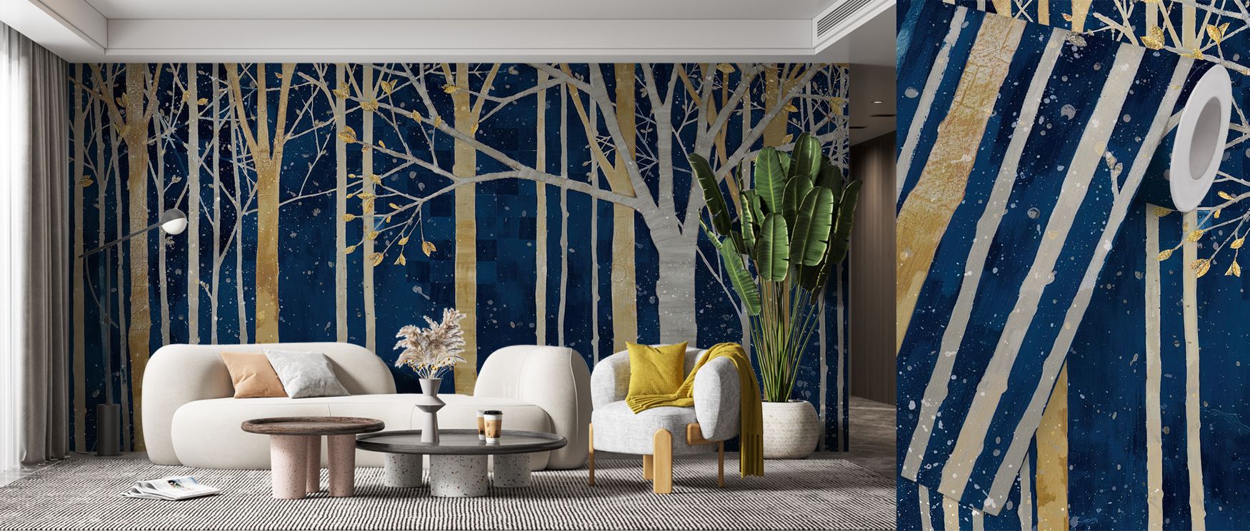 In Springtime Indigo Wallpaper creates serene atmosphere, with blossoms rendered in elegant indigo hues. Its palette resonates with grace, surrounding interiors with calm rhythm. Walls transform into reflections of charm and serenity, turning rooms into h