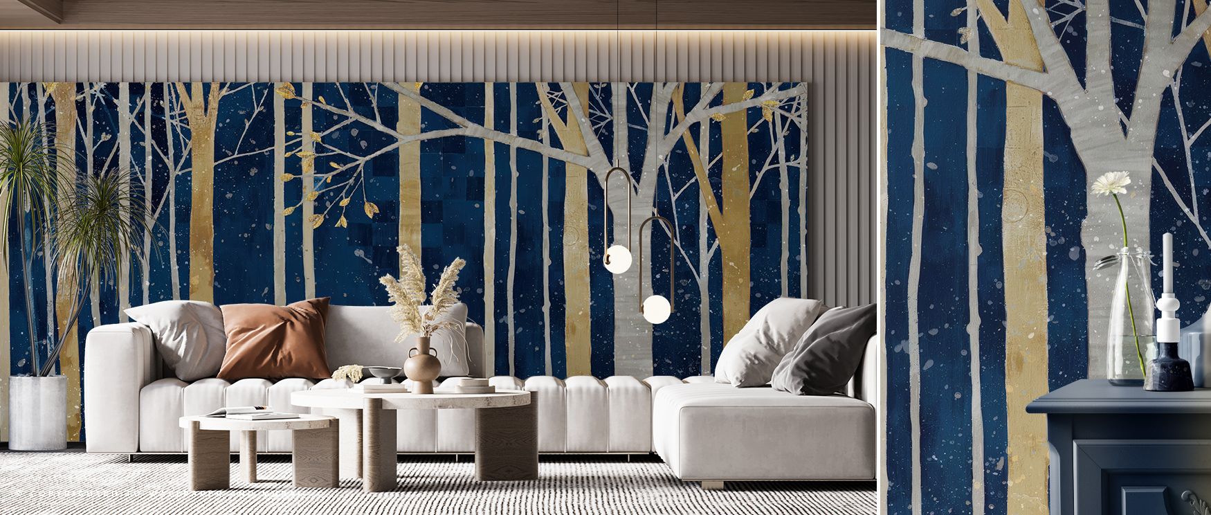 In Springtime Indigo Wallpaper embodies tranquility, layering blossoms into rhythmic compositions. Its palette radiates serenity, offering interiors atmosphere of calm. Walls glow with floral elegance, turning homes into peaceful spaces filled with balanc