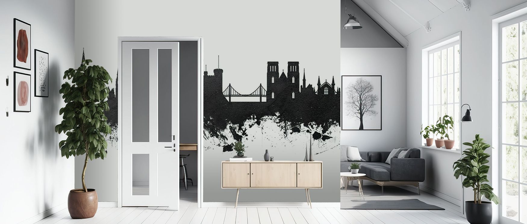 Inverness Scotland Skyline Black & White Wallpaper resonates with elegance, blending silhouettes into crisp rhythm. Its palette conveys cultural presence, surrounding interiors with timeless strength. Walls become refined reflections of heritage, turning 
