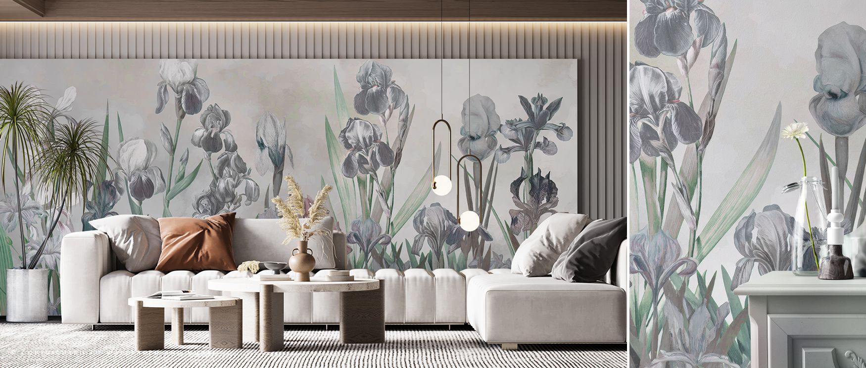 Iris Field Greenish Wallpaper enriches interiors with floral sophistication, layering blossoms into flowing patterns. Its palette radiates calm, turning walls into reflections of grace. Interiors become retreats of serenity, making homes glow with charm a