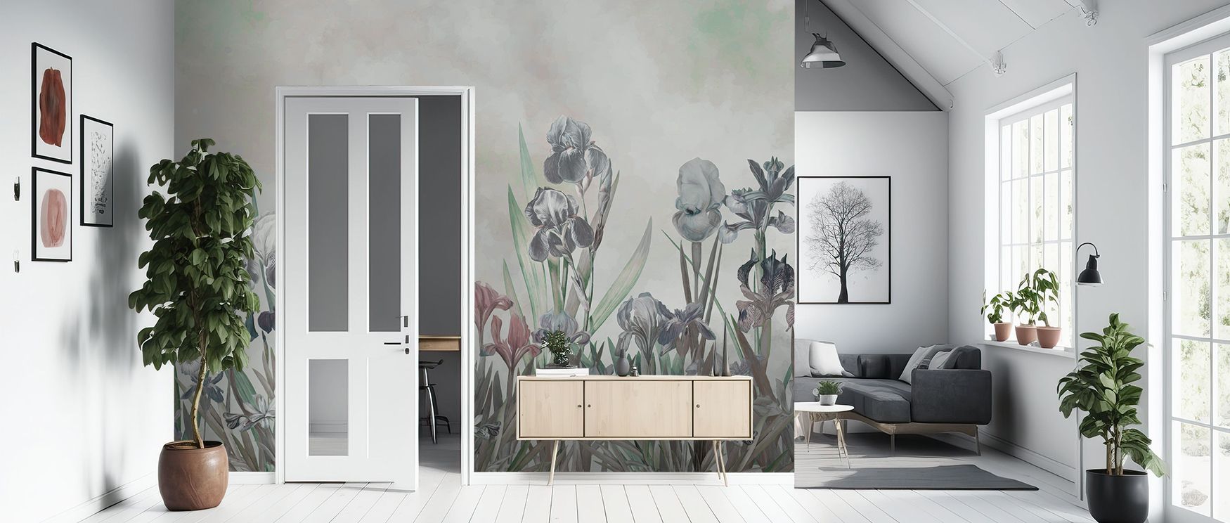 Iris Field Greenish Wallpaper reflects elegance, weaving blossoms into rhythmic compositions. Its palette conveys calm, surrounding interiors with resonance. Walls glow with charm, transforming into spaces filled with balance and sophistication, ideal for
