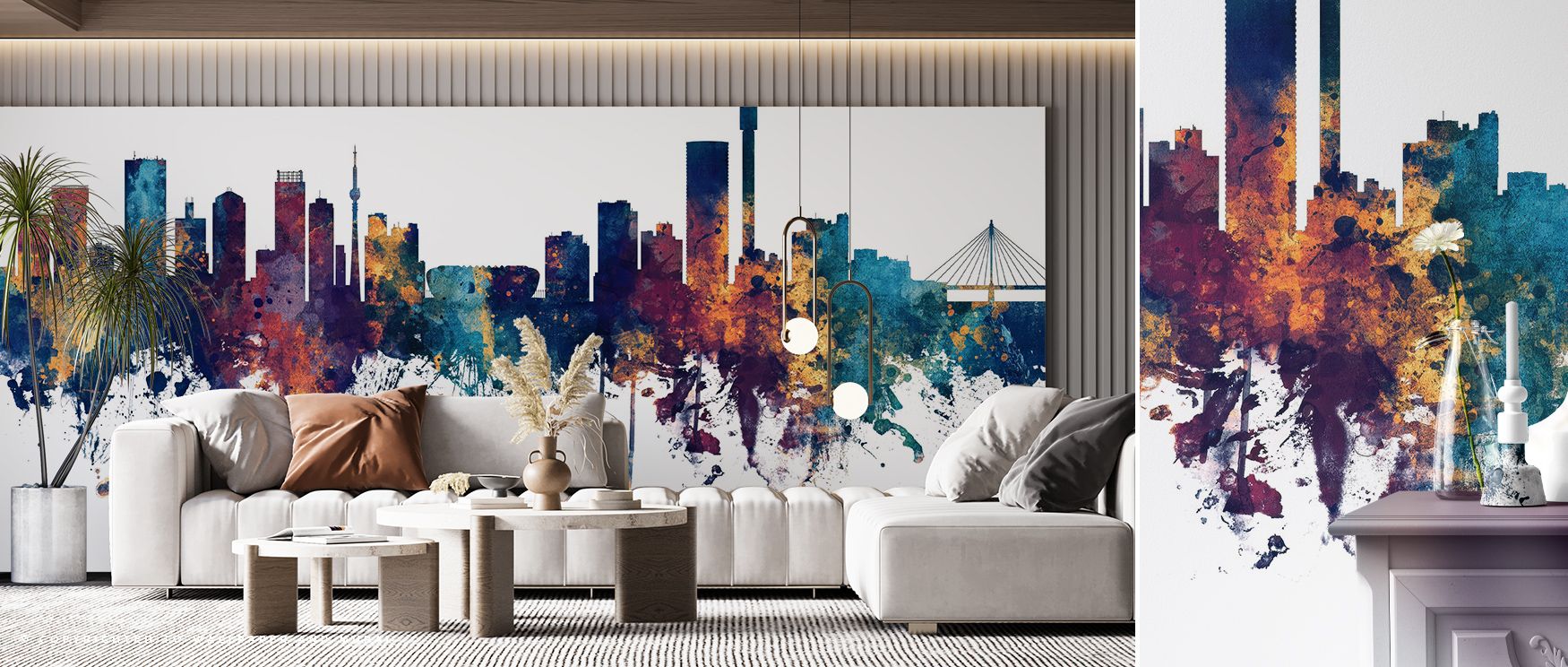 Johannesburg South Africa Skyline Blue & Bronze Wallpaper embodies sophistication, layering luminous accents into rhythmic tones. Its palette conveys cultural resonance, surrounding interiors with pride. Walls glow with strength, turning modern homes into