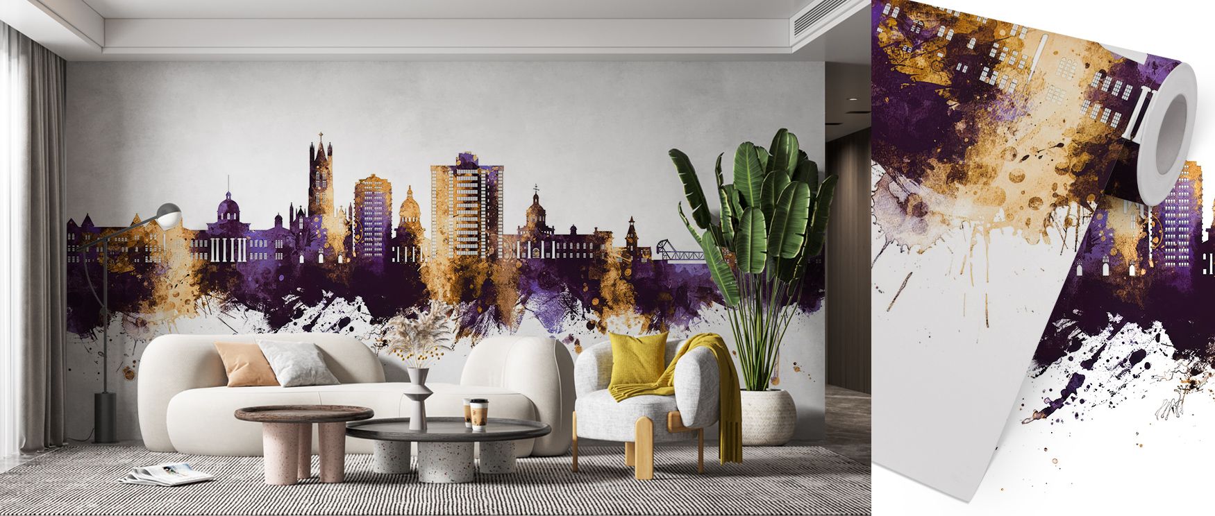 Kingston Canada Skyline Purple & Gold Wallpaper reflects heritage, layering architecture into rhythmic tones. Its palette conveys refinement, surrounding interiors with resonance. Walls glow with charm, making homes luminous reflections of pride. This des