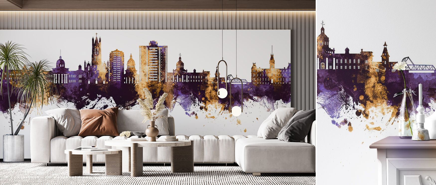 Kingston Canada Skyline Purple & Gold Wallpaper embodies cultural pride, layering silhouettes into striking tones. Its palette conveys heritage, surrounding interiors with resonance. Walls glow with strength, turning modern homes into luminous showcases e