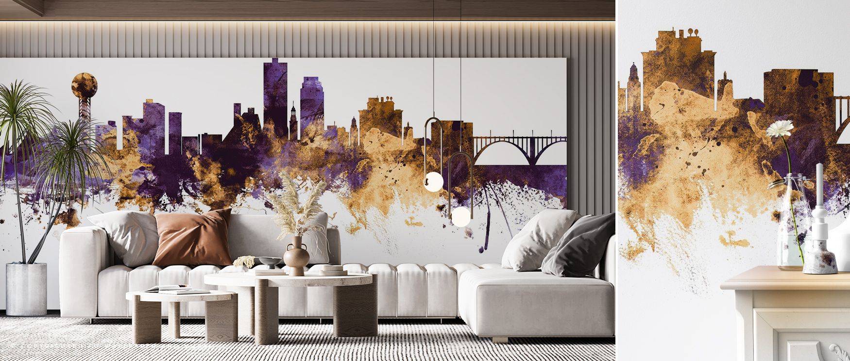 Knoxville Tennessee Skyline Purple & Gold Wallpaper reflects pride, layering silhouettes into rhythmic tones. Its palette conveys refinement, surrounding interiors with resonance. Walls glow with sophistication, turning modern spaces into luminous showcas