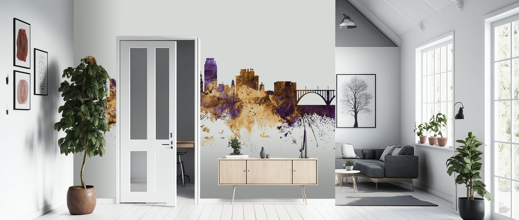 Knoxville Tennessee Skyline Purple & Gold Wallpaper radiates strength, layering silhouettes into regal hues. Its palette conveys presence, surrounding interiors with resonance. Walls glow with pride, making homes luminous reflections of heritage. This des