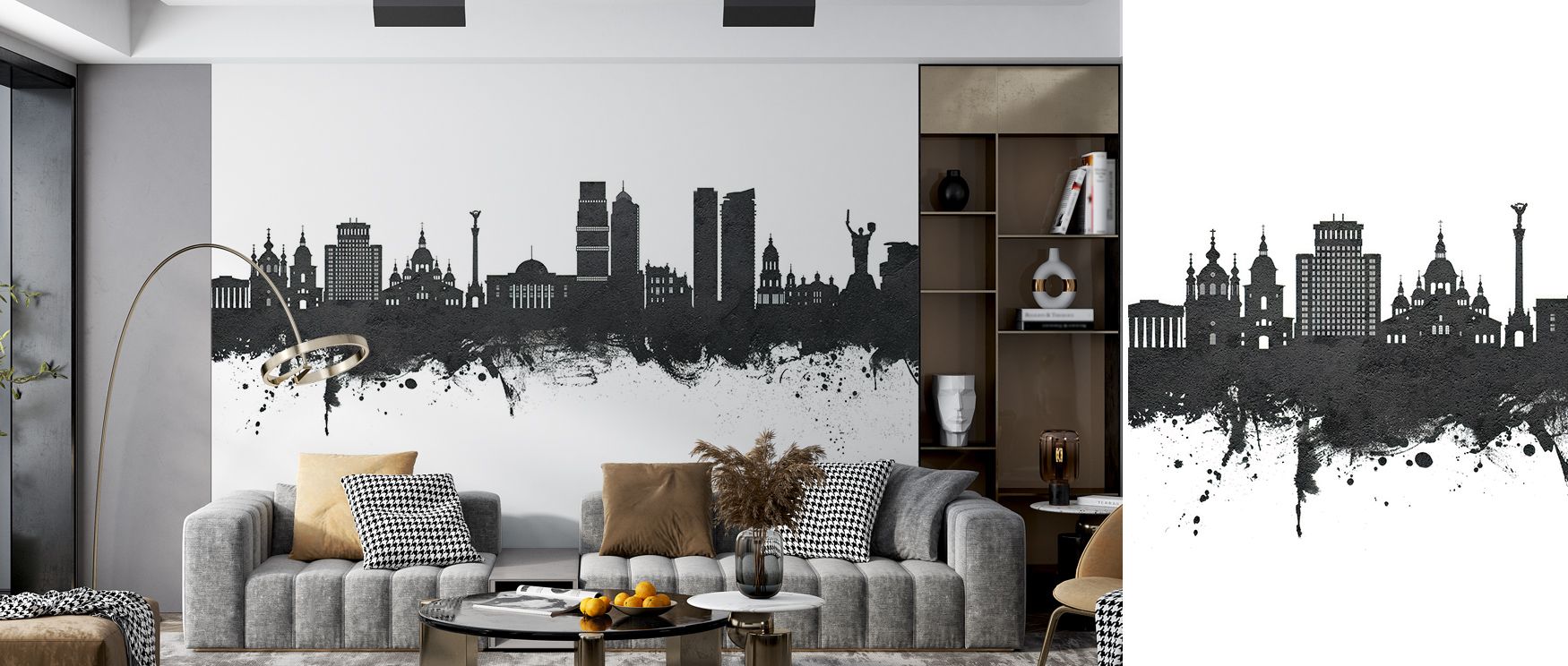 Kyiv Ukraine Skyline Black & White Wallpaper radiates refinement, layering forms into crisp monochrome rhythm. Its palette conveys strength, surrounding interiors with resonance. Walls glow with sophistication, turning homes into reflections of cultural p