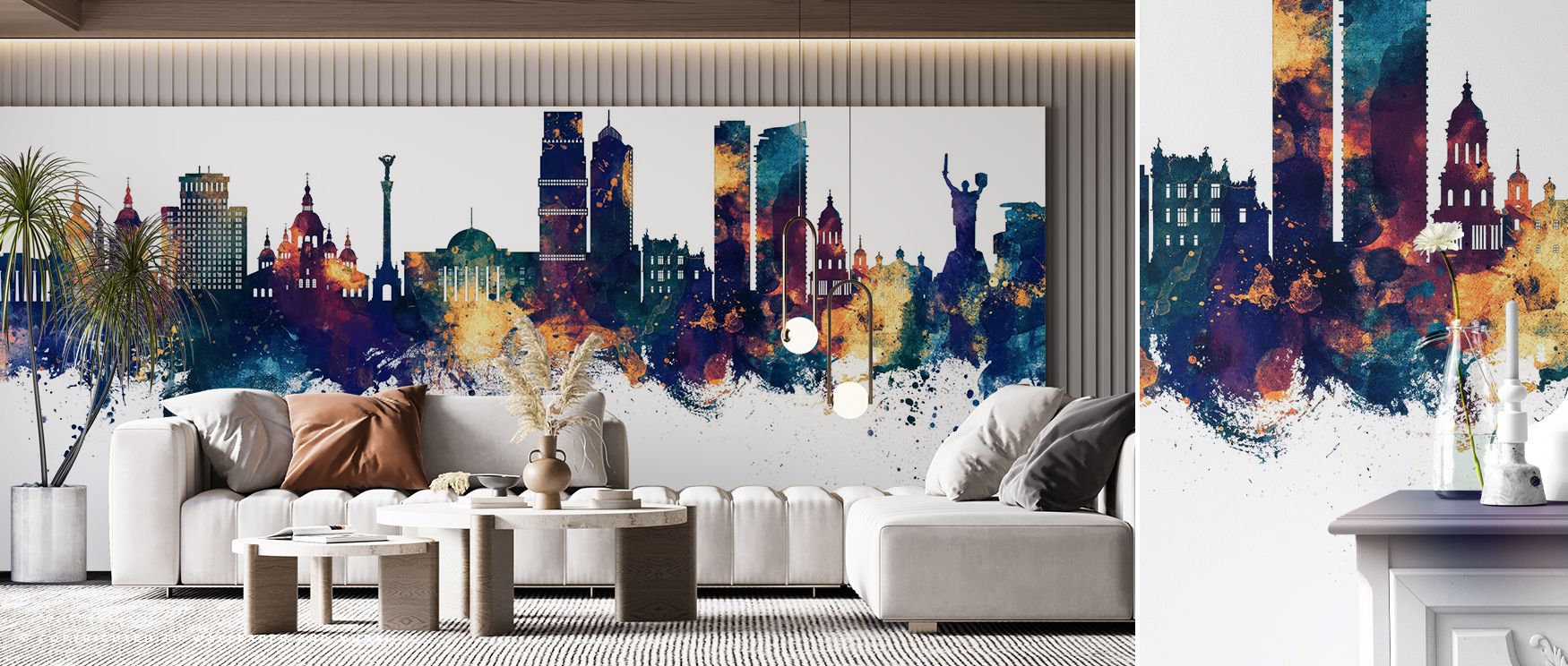 Kyiv Ukraine Skyline Blue & Bronze Wallpaper conveys heritage, layering architecture into luminous tones. Its palette resonates with sophistication, surrounding interiors with resonance. Walls glow with pride, turning spaces into cultural reflections enri