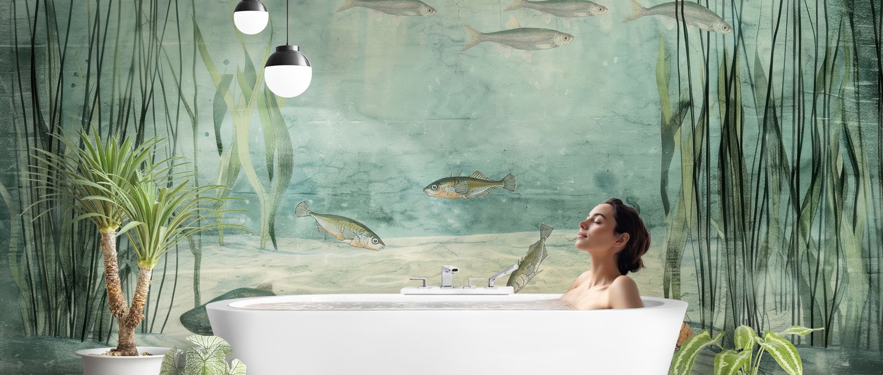Lake Underwater Life with Pike, Light Wallpaper embodies natural energy, layering aquatic life into harmonious rhythm. Its palette conveys freshness, surrounding interiors with resonance. Walls glow with vibrancy, turning bedrooms into underwater sanctuar