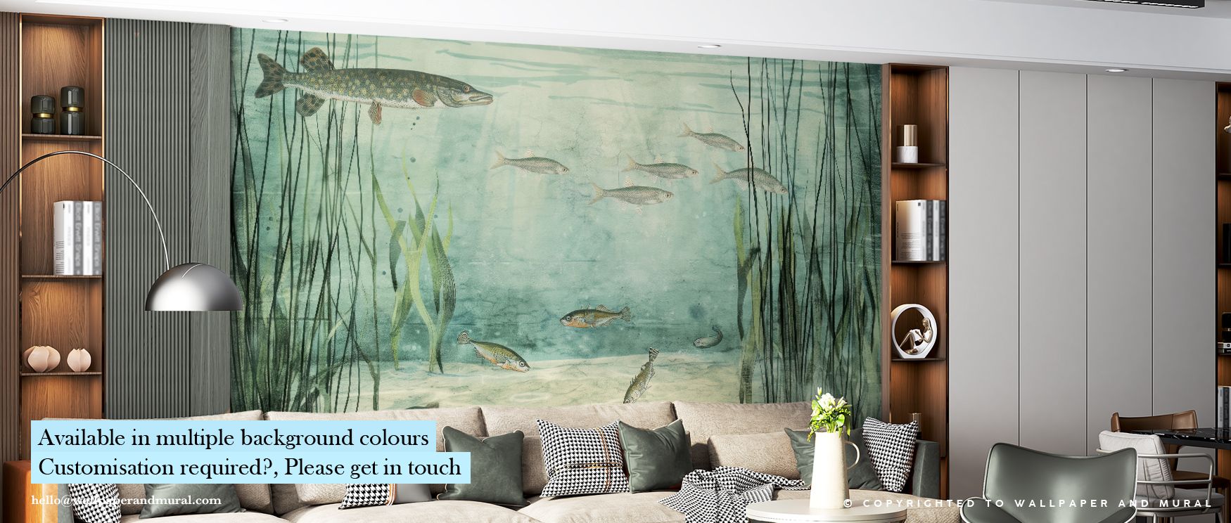 Lake Underwater Life with Pike, Light Wallpaper embodies beauty, weaving aquatic life into rhythmic tones. Its palette conveys brightness, surrounding interiors with resonance. Walls glow with charm, turning spaces into tranquil sanctuaries enriched with 