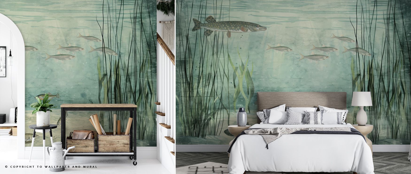 In Lake Underwater Life with Pike, Light Wallpaper, fish drift across luminous waters, creating atmosphere filled with serenity. Its palette conveys vibrancy, surrounding interiors with resonance. Walls glow with aquatic presence, turning homes into natur