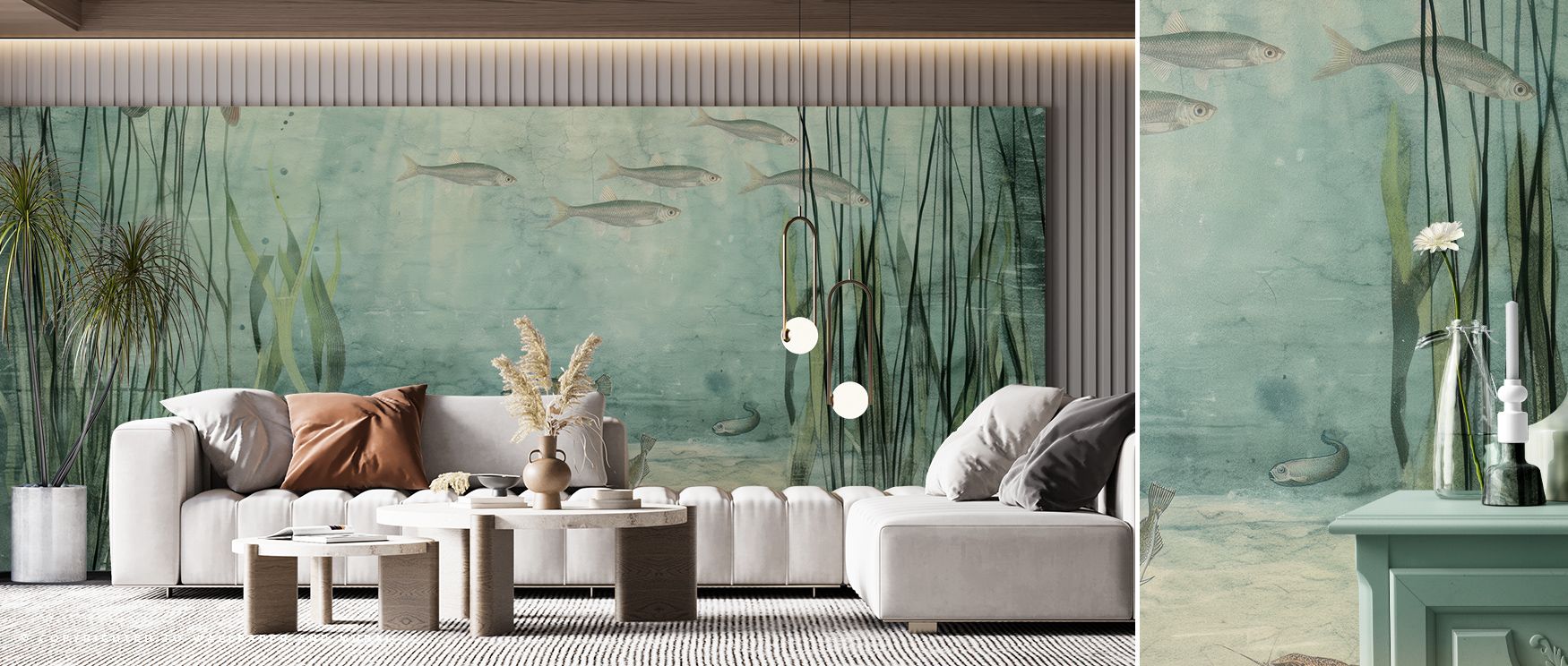 The Lake Underwater Life with Pike, Light Wallpaper design conveys serenity, layering aquatic life into luminous tones. Its palette resonates with freshness, surrounding interiors with resonance. Walls glow with natural beauty, making homes reflections of