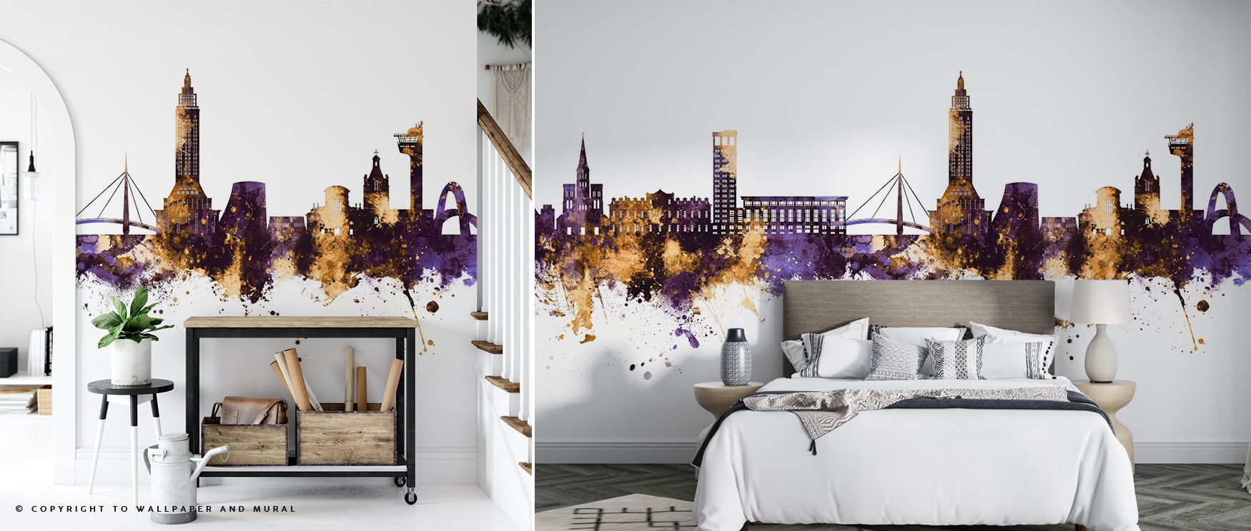 Le Havre France Skyline Purple & Gold Wallpaper radiates sophistication, layering silhouettes into luminous tones. Its palette conveys pride, surrounding interiors with resonance. Walls glow with elegance, turning spaces into urban reflections enriched wi
