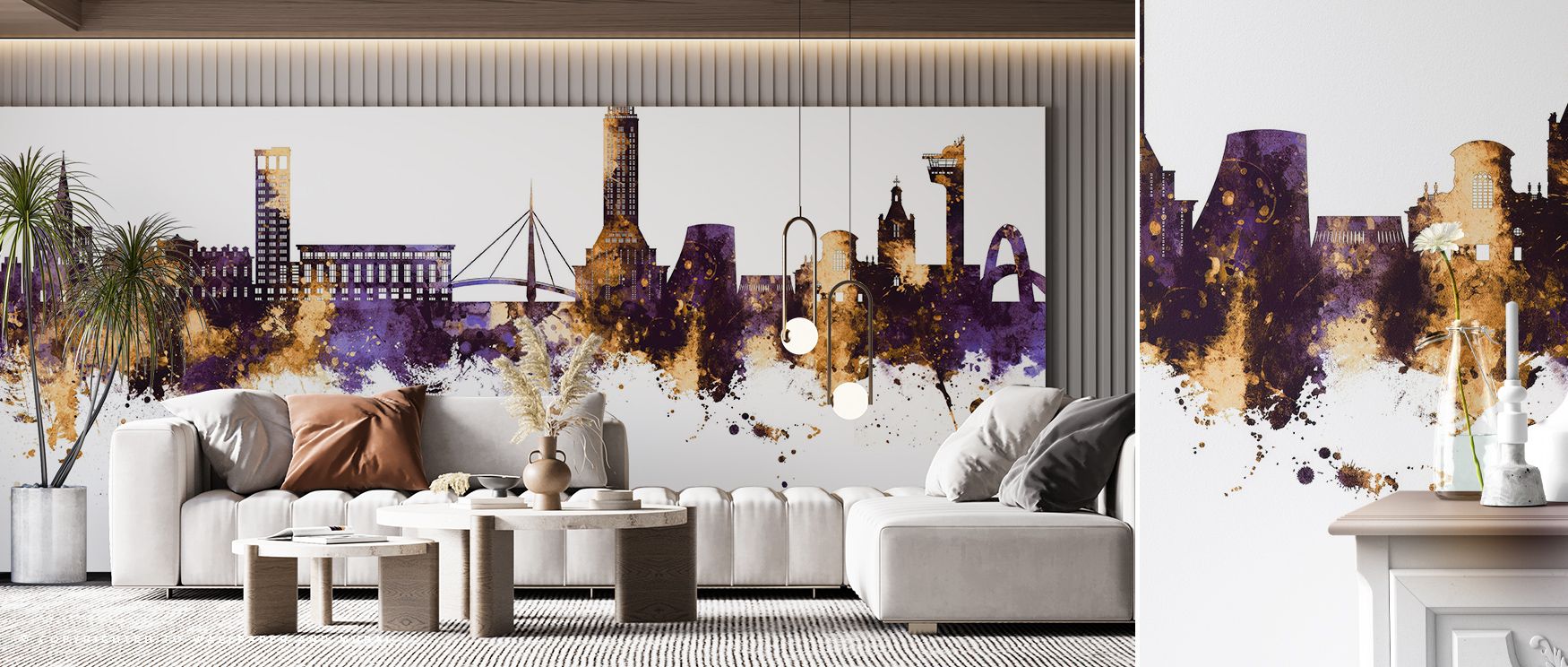Le Havre France Skyline Purple & Gold Wallpaper reflects identity, layering architecture into rhythmic tones. Its palette conveys pride, surrounding interiors with resonance. Walls glow with vibrancy, turning spaces into reflections of heritage. This desi