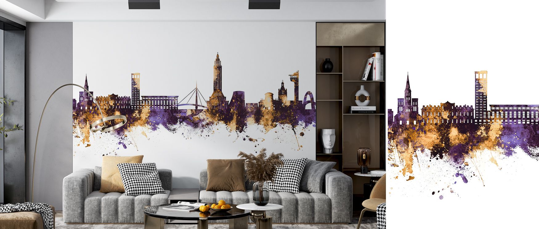 Le Havre France Skyline Purple & Gold Wallpaper radiates elegance, layering architecture into regal tones. Its palette conveys cultural resonance, surrounding interiors with pride. Walls glow with charm, turning spaces into luminous reflections of metropo