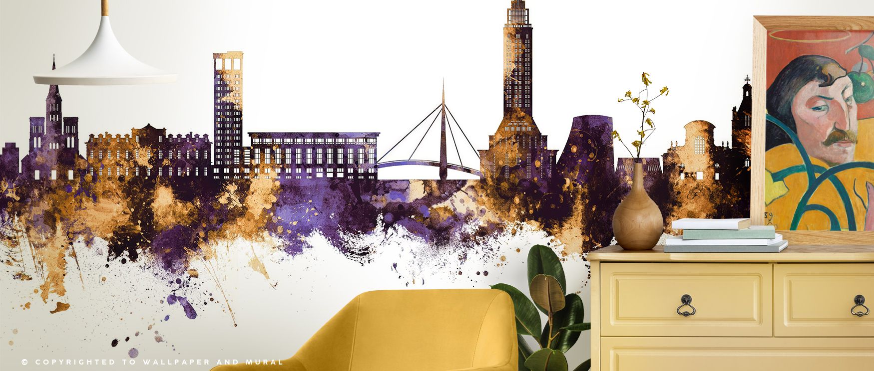 Le Havre France Skyline Purple & Gold Wallpaper embodies cultural pride, layering silhouettes into radiant tones. Its palette conveys elegance, surrounding interiors with resonance. Walls glow with vibrancy, turning homes into luminous reflections of heri