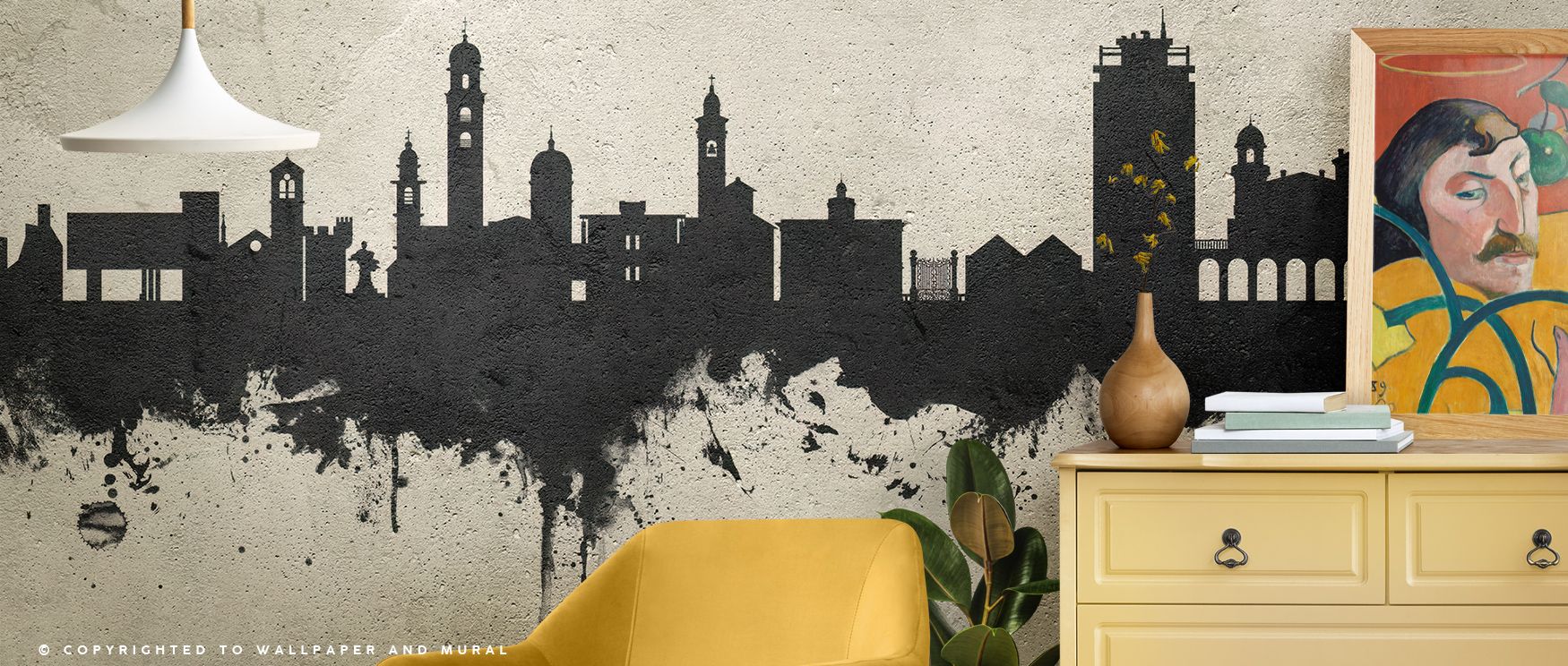 Lugano Switzerland Skyline Concrete Wallpaper conveys cultural heritage through strong silhouettes layered into textured tones. Shadows bring resonance while highlights add clarity, surrounding interiors with sophistication. The skyline radiates pride, ma