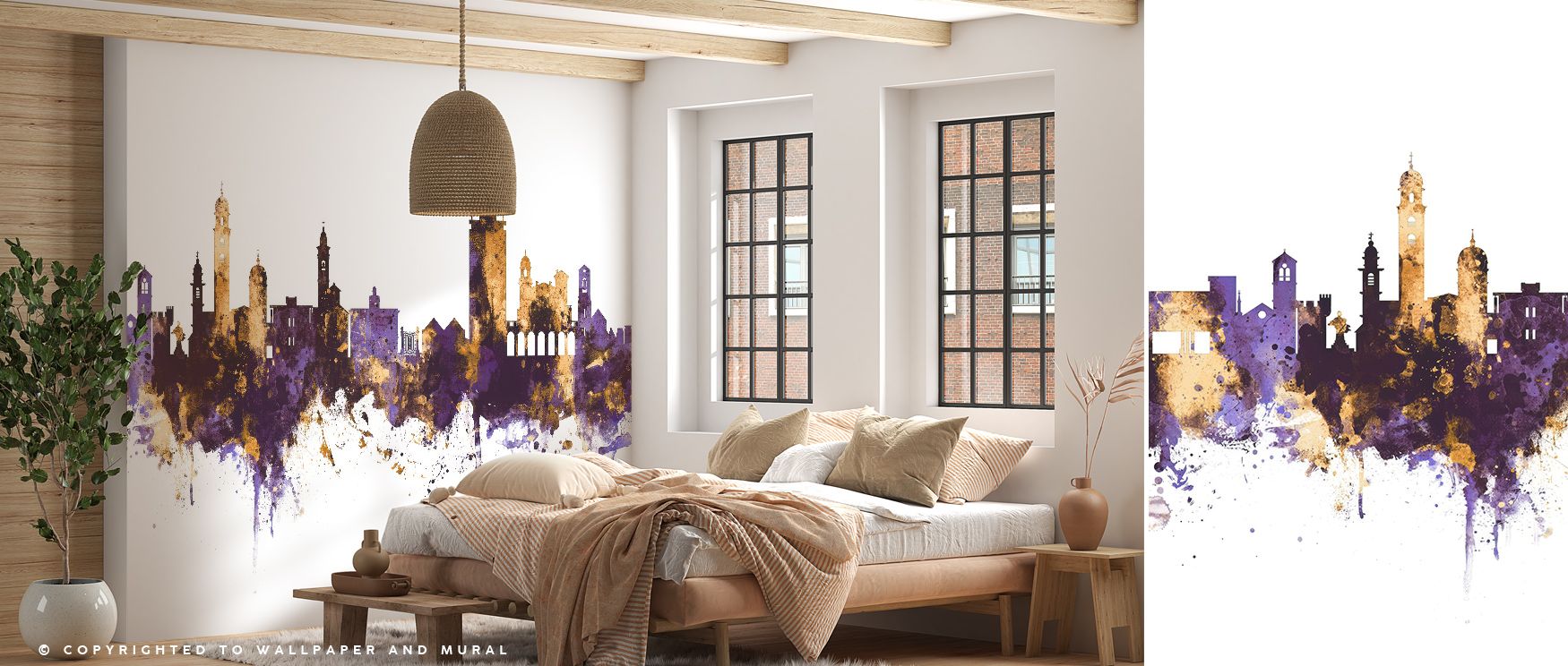 In Lugano Switzerland Skyline Purple & Gold Wallpaper, architecture meets artistry through tones that convey elegance and serenity. Shadows add rhythm, and golden highlights glow across detailed forms, transforming walls into luminous canvases of heritage