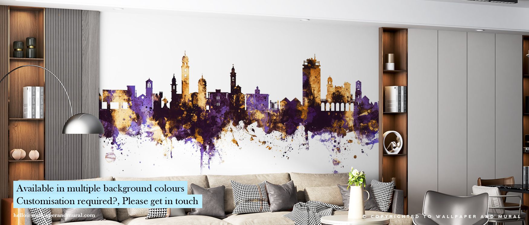 Lugano Switzerland Skyline Purple & Gold Wallpaper embodies a royal sense of pride. Deep purple hues evoke calm, while radiant gold adds vibrancy and richness. Each silhouette glows with presence, surrounding interiors with atmosphere of culture and grace