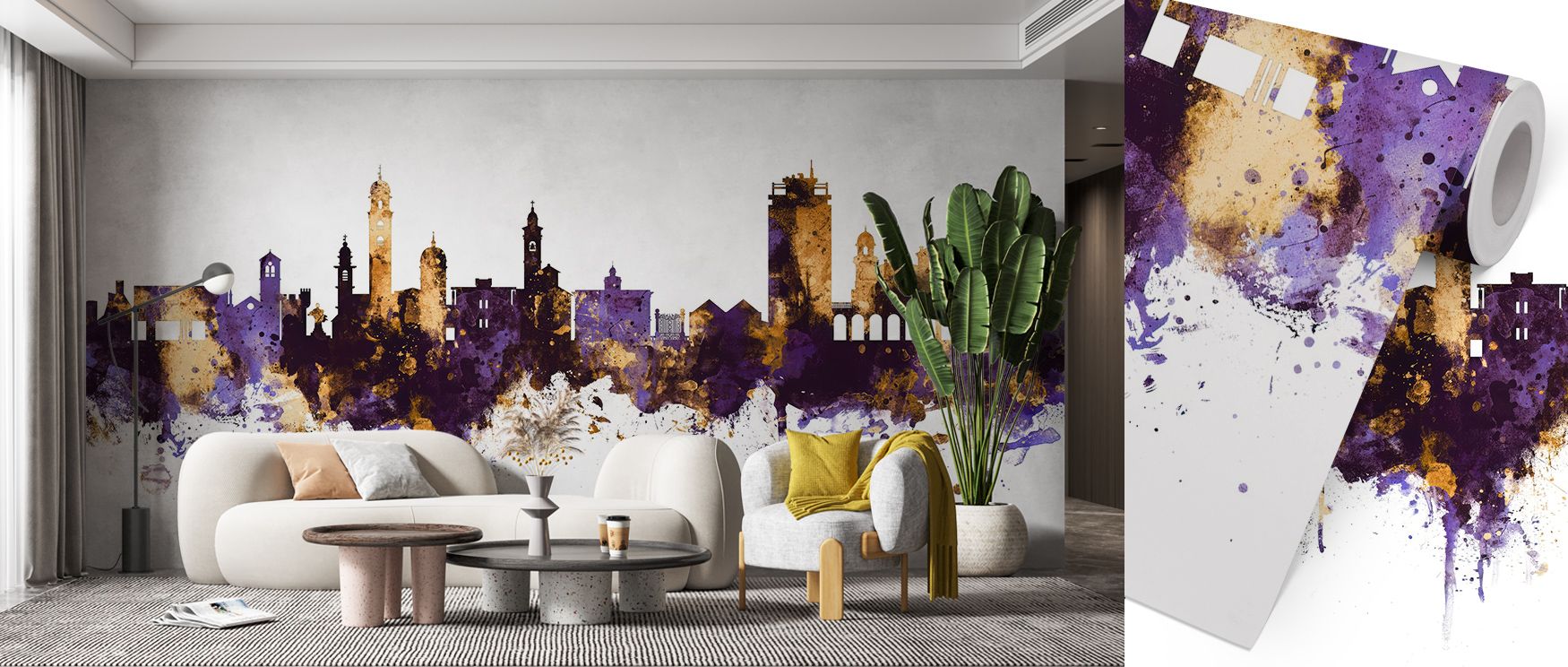 In Lugano Switzerland Skyline Purple & Gold Wallpaper, light and tone merge into fluid artistry. Each silhouette glows with regal harmony, while golden highlights reveal intricate rhythm. Shadows soften the skyline, creating atmosphere of cultural resonan