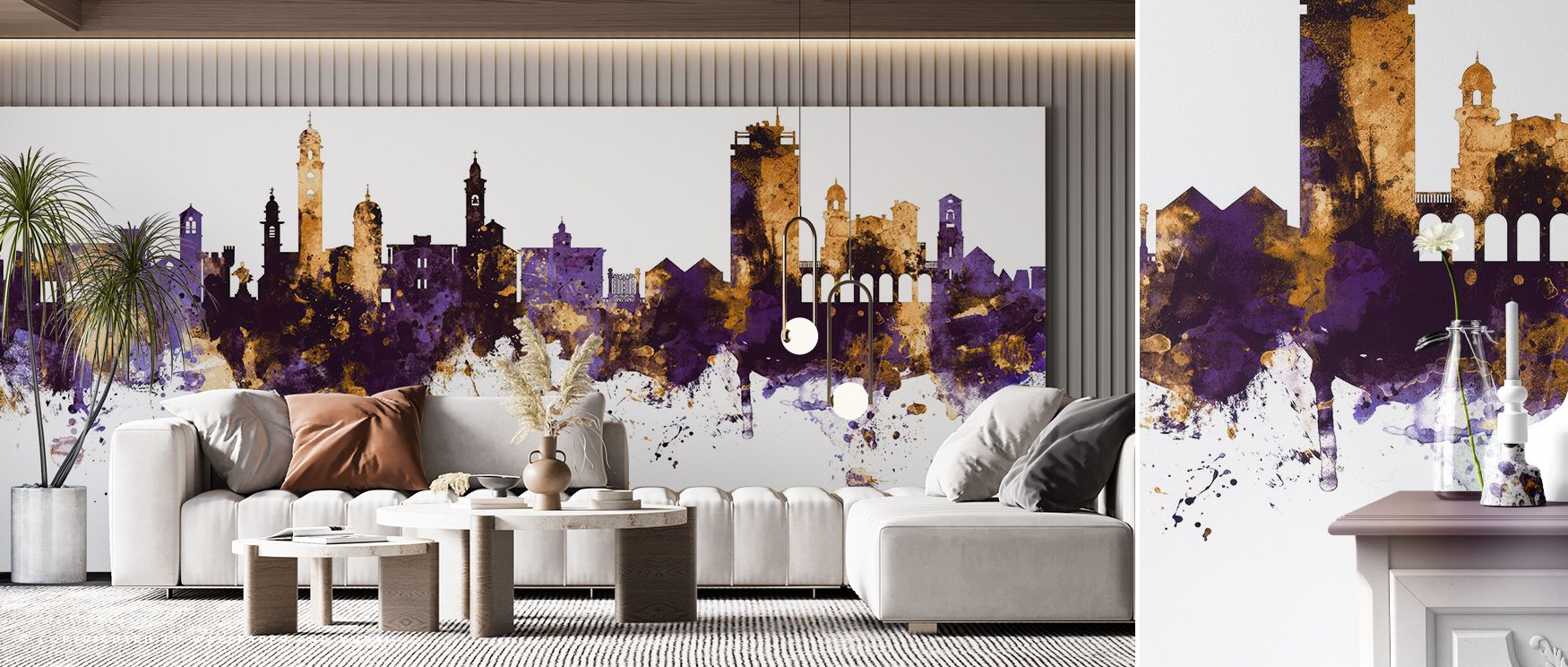 Lugano Switzerland Skyline Purple & Gold Wallpaper radiates poise, with layered silhouettes framed in warm metallic tones. Deep purples bring serenity, while gold enhances richness and clarity. The skyline glows with heritage, turning interiors into elega