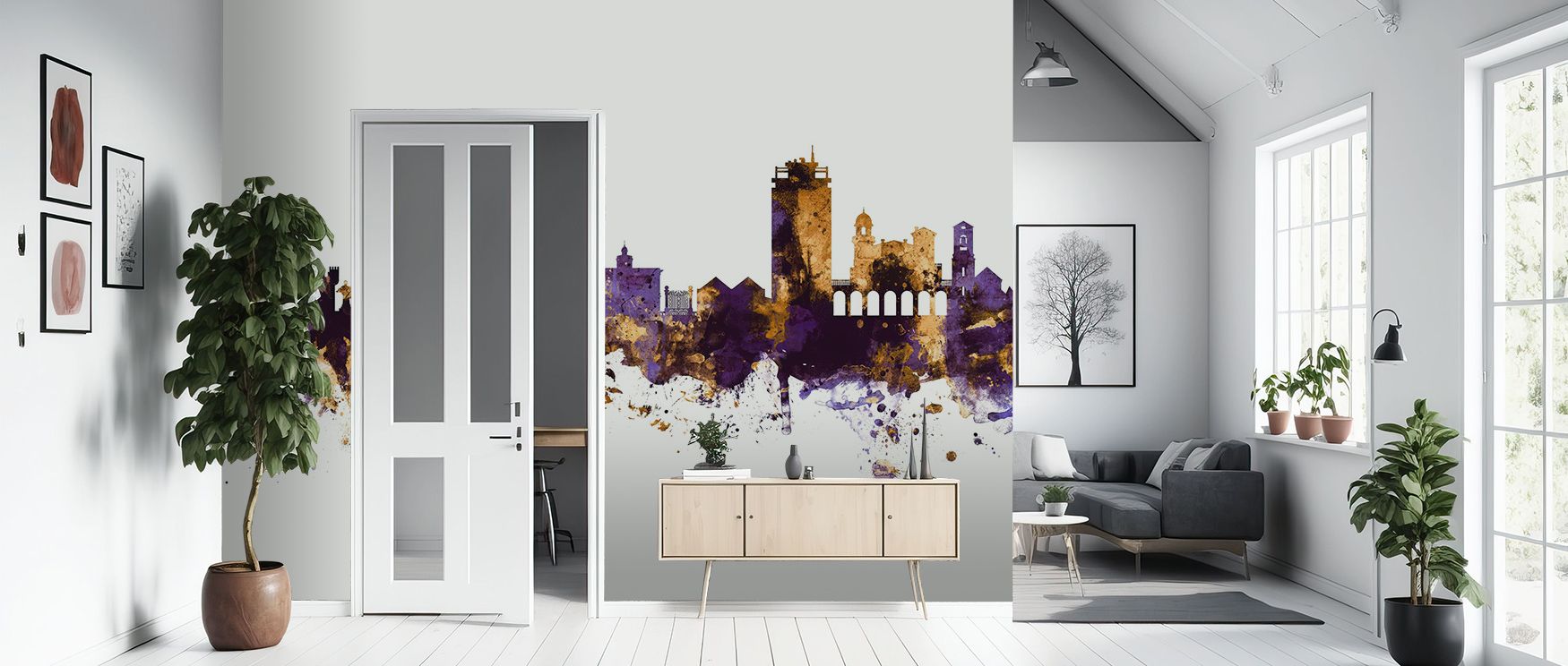 The Lugano Switzerland Skyline Purple & Gold Wallpaper design conveys heritage through interplay of tone and structure. Golden warmth infuses life into architectural lines, while violet depth adds tranquility. Shadows enrich texture, turning walls into ex