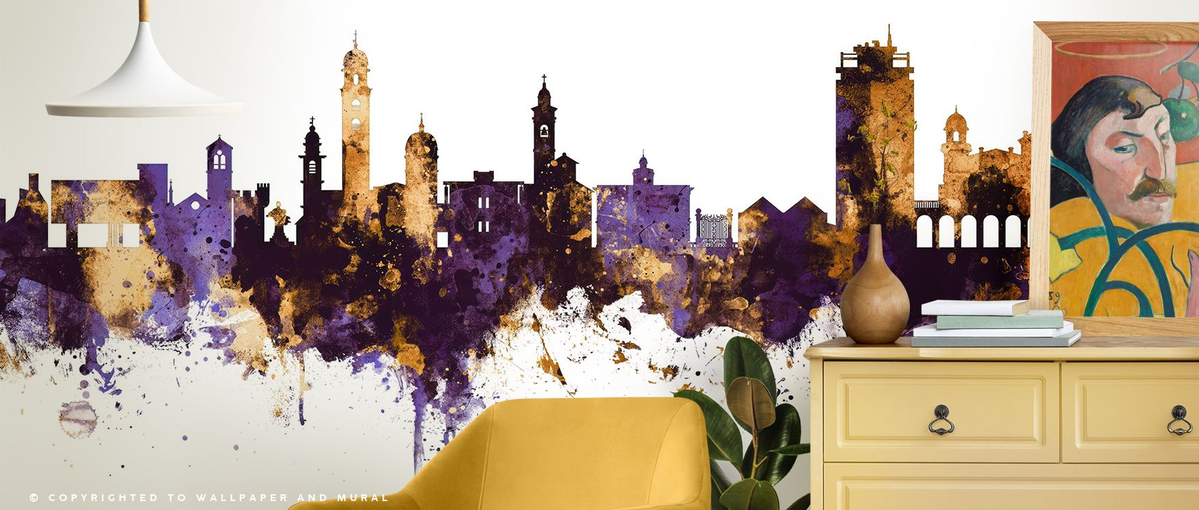 Lugano Switzerland Skyline Purple & Gold Wallpaper transforms walls into luxurious cityscapes where culture meets artistry. Each detail glows with resonance, surrounding interiors with elegance and calm. The balanced contrast of purple and gold conveys ti