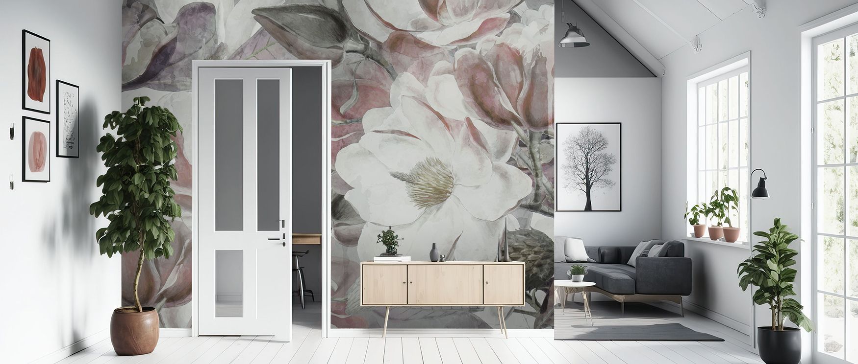 In every soft contour of the Magnolia Art Wallpaper, artistry meets tranquility as petals drift like light clouds over a muted wash of ivory and blush. This mural balances stillness and elegance, inviting a touch of floral luxury that brightens cozy inter