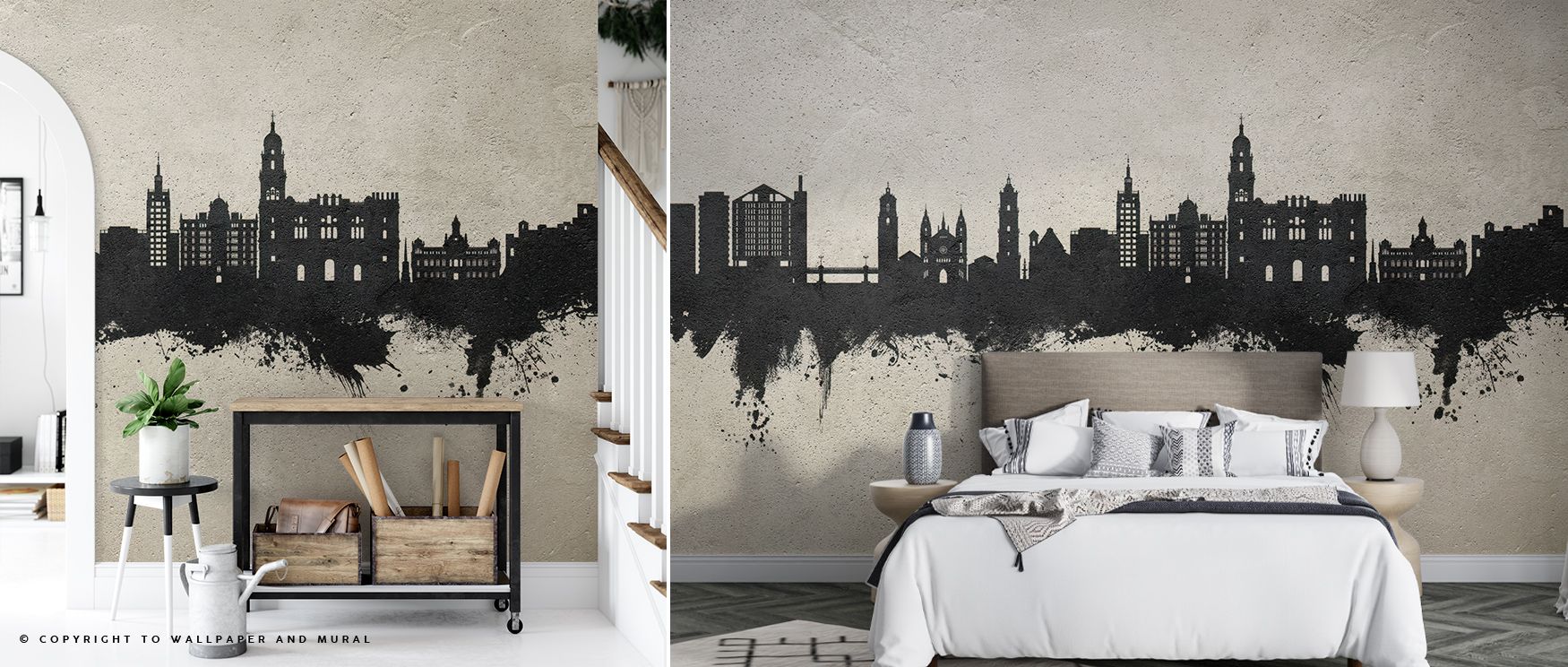 Málaga Spain Skyline Concrete Wallpaper embodies modern refinement with architectural silhouettes layered into rhythmic grey tones. Each detail conveys presence and balance. Shadows enrich texture, and light introduces sophistication. The skyline reflects