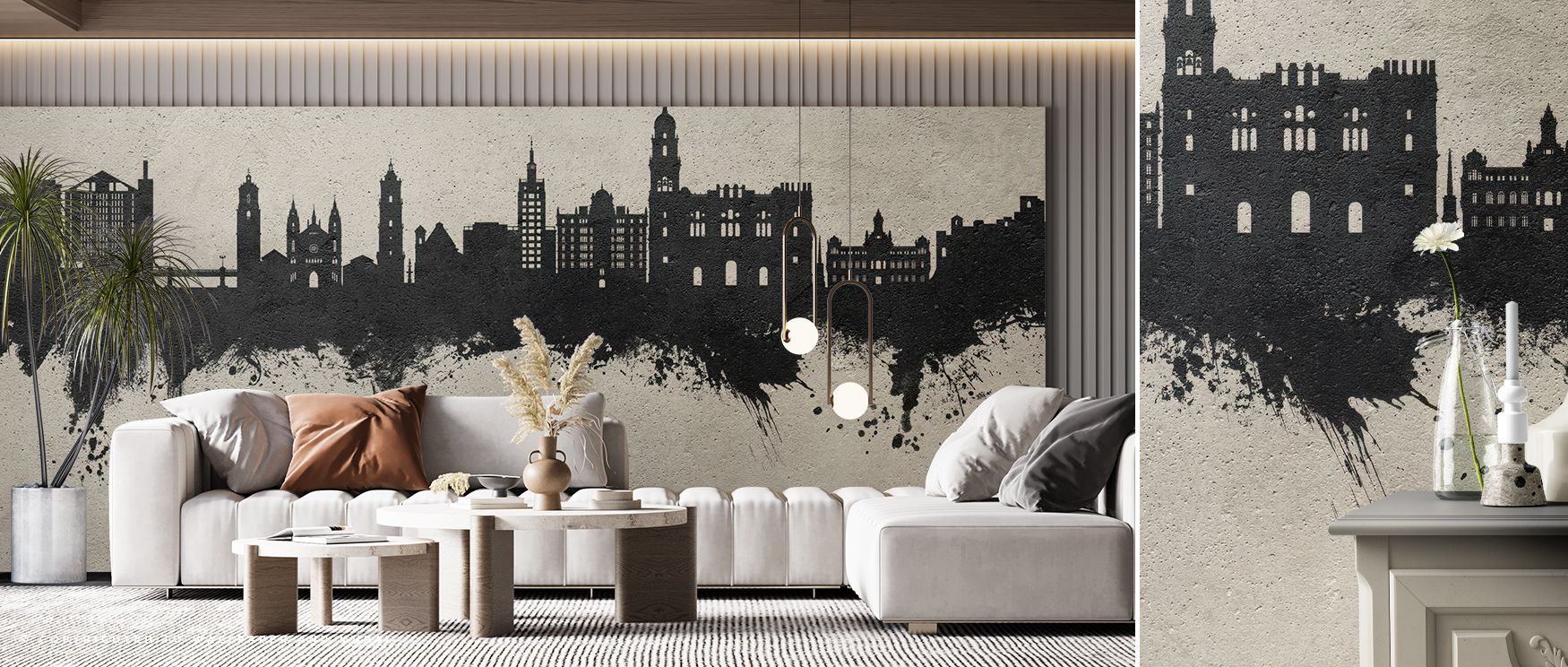 Málaga Spain Skyline Concrete Wallpaper radiates confidence through its structured composition and textured palette. Each silhouette stands poised against soft contrast, conveying sophistication and pride. Shadows add sculptural rhythm, surrounding interi