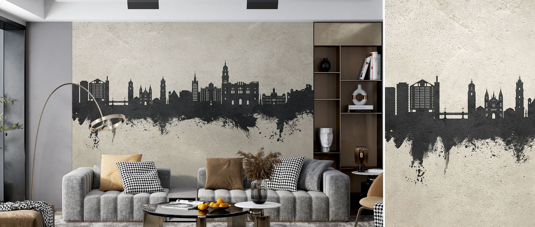In Málaga Spain Skyline Concrete Wallpaper, the skyline rises in quiet rhythm, its grey palette reflecting modern serenity. Shadows soften contours, while light enhances structure. The design radiates sophistication, surrounding interiors with balance and
