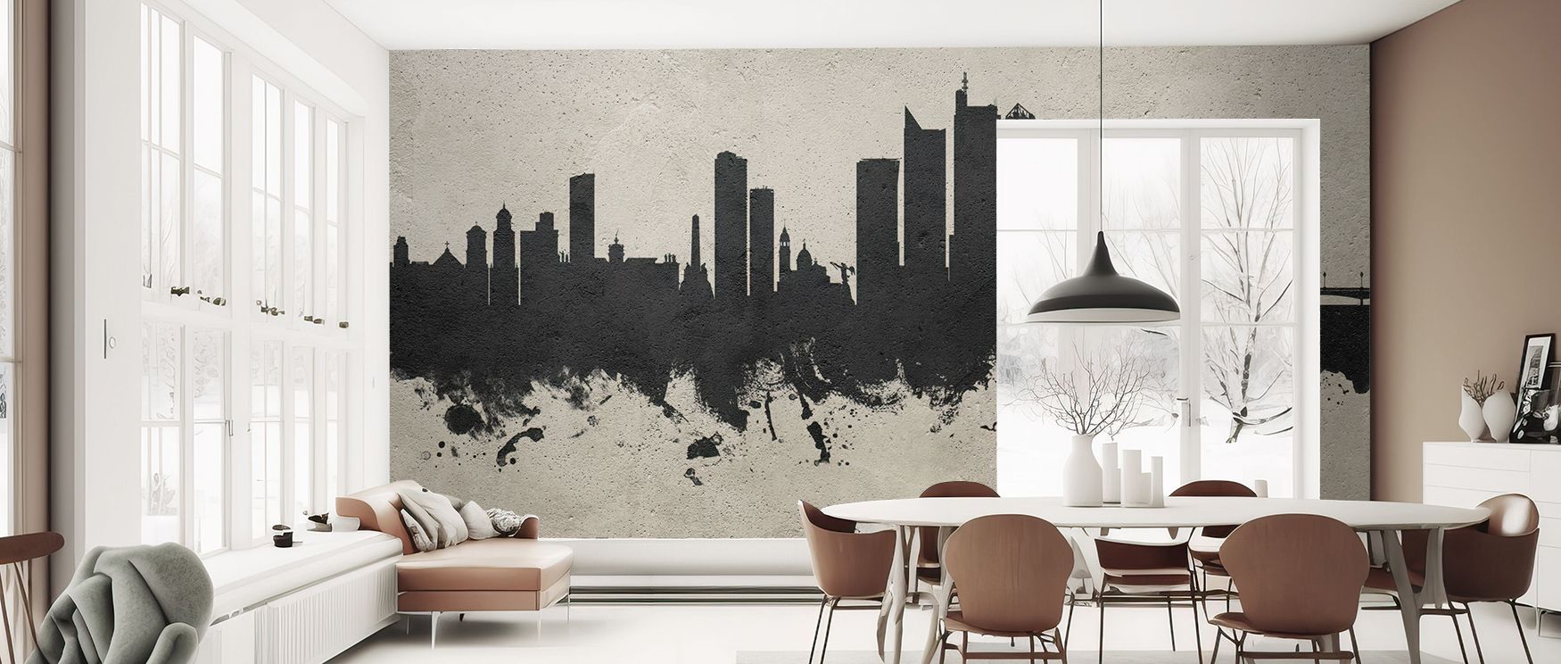 Manila Philippines Skyline Concrete Wallpaper embodies urban balance, layering silhouettes into textured rhythm. Each detail radiates calm power, surrounding interiors with harmony. Shadows and light create flow, transforming walls into graceful reflectio