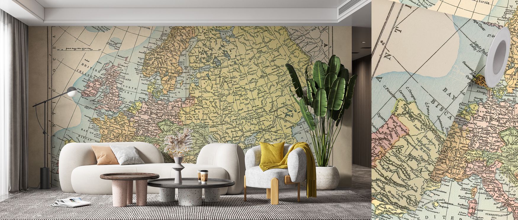 Map of Europe Wallpaper celebrates cultural geography through delicate lines and aged textures. Soft tones evoke classic cartographic artistry, transforming interiors into sophisticated learning spaces. Each detail carries calm resonance, surrounding wall