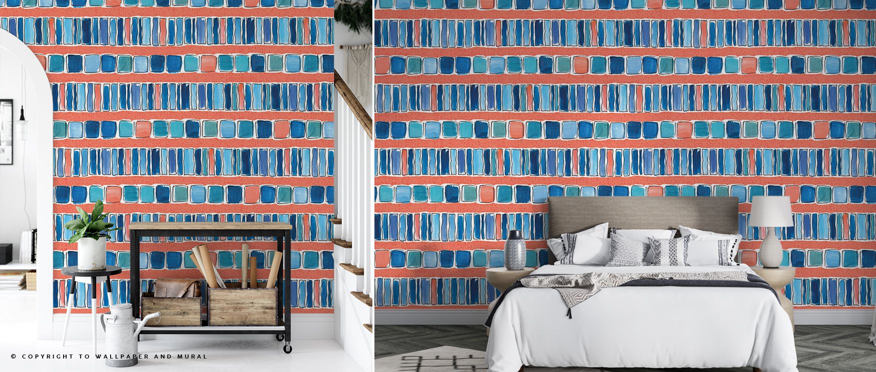 Layers of movement in Maritime Frequencies Red and Blue Wallpaper mimic the natural tempo of the ocean, uniting red’s vibrance and blue’s depth to create an enduring design that channels wind, water, and sunlight across elegant interiors inspired by nauti
