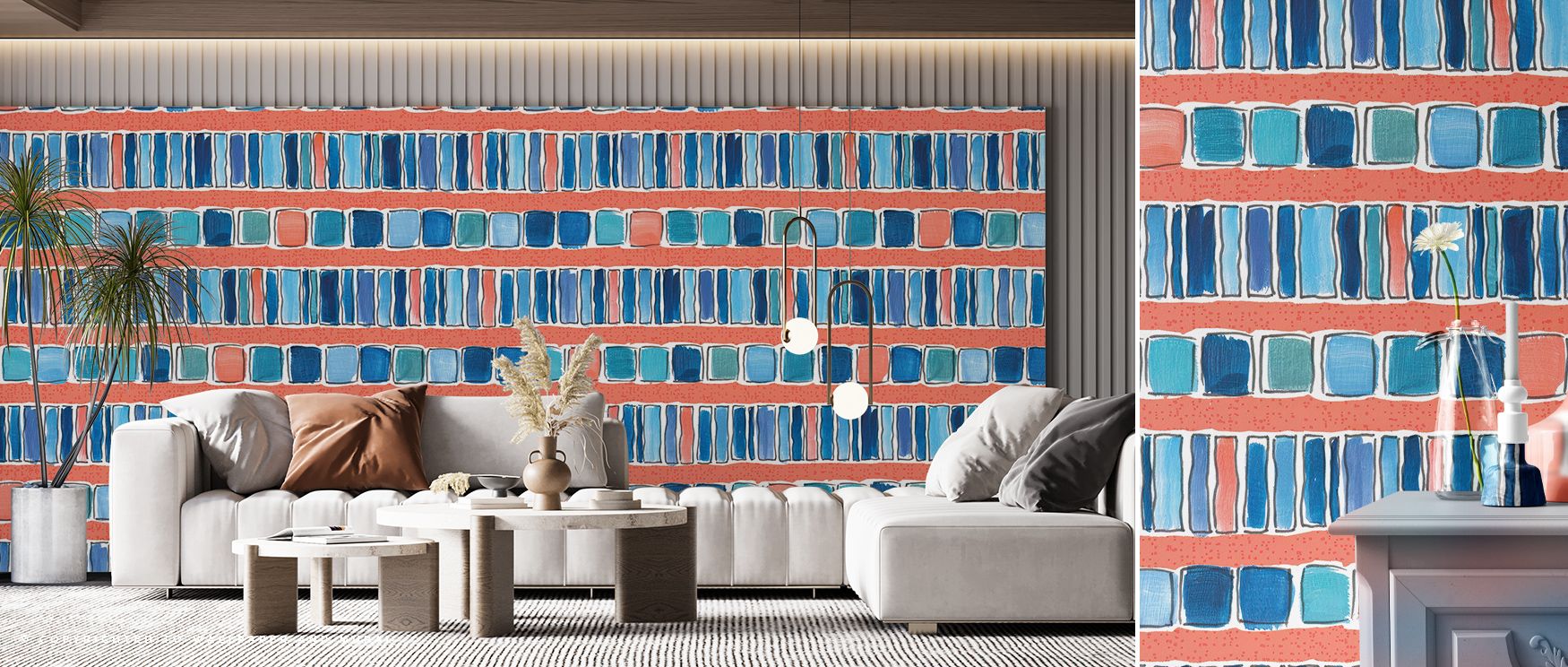 With its rhythmic fusion of colors, Maritime Frequencies Red and Blue Wallpaper celebrates coastal beauty through geometric abstraction that mirrors sea energy, inviting the quiet allure of the horizon into interiors filled with emotion and visual depth. 