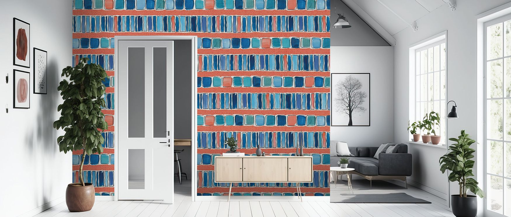 Maritime Frequencies Red and Blue Wallpaper transforms static walls into living surfaces of color and texture, capturing maritime motion in fluid shapes that glide between calm and dynamic, enriching interiors with the timeless charm of ocean-inspired des