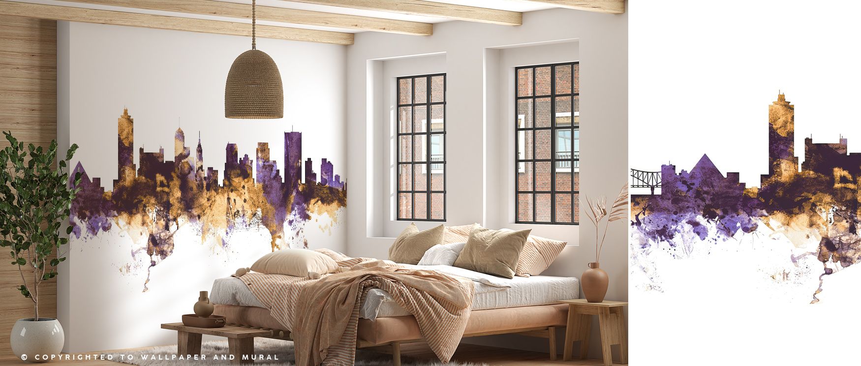 Memphis Tennessee Skyline Purple & Gold Wallpaper transforms architectural silhouettes into luminous artistry, bathing interiors in color that recalls twilight horizons and the dynamic charm of the city skyline. 