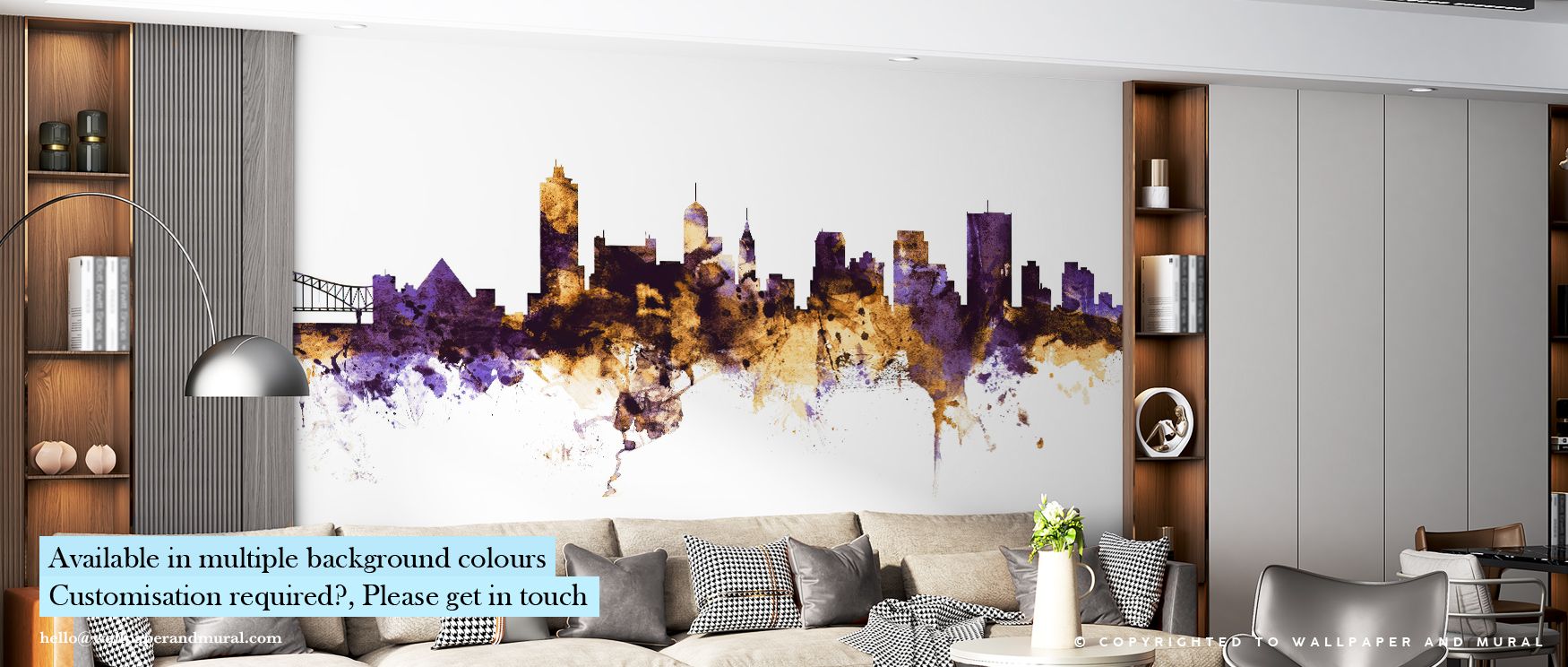 Layers of purple elegance within Memphis Tennessee Skyline Purple & Gold Wallpaper contrast with gold illumination, creating a refined visual symphony that gives interiors depth, texture, and artistic energy. 
