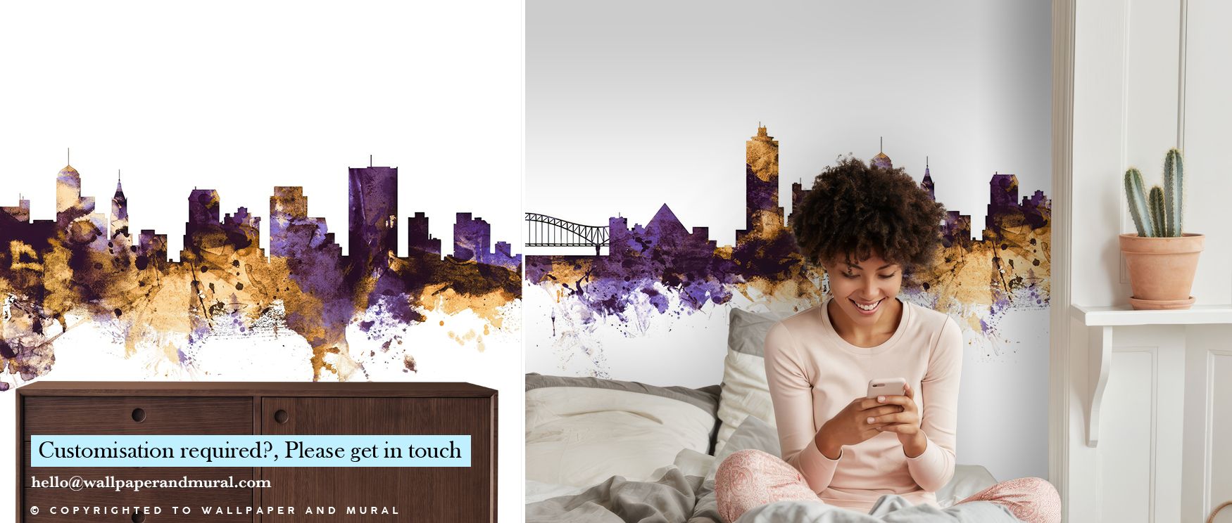 Rich tones flow through Memphis Tennessee Skyline Purple & Gold Wallpaper, creating a dialogue between architecture and color, offering interiors a luminous statement of modern urban pride and creative vitality. 