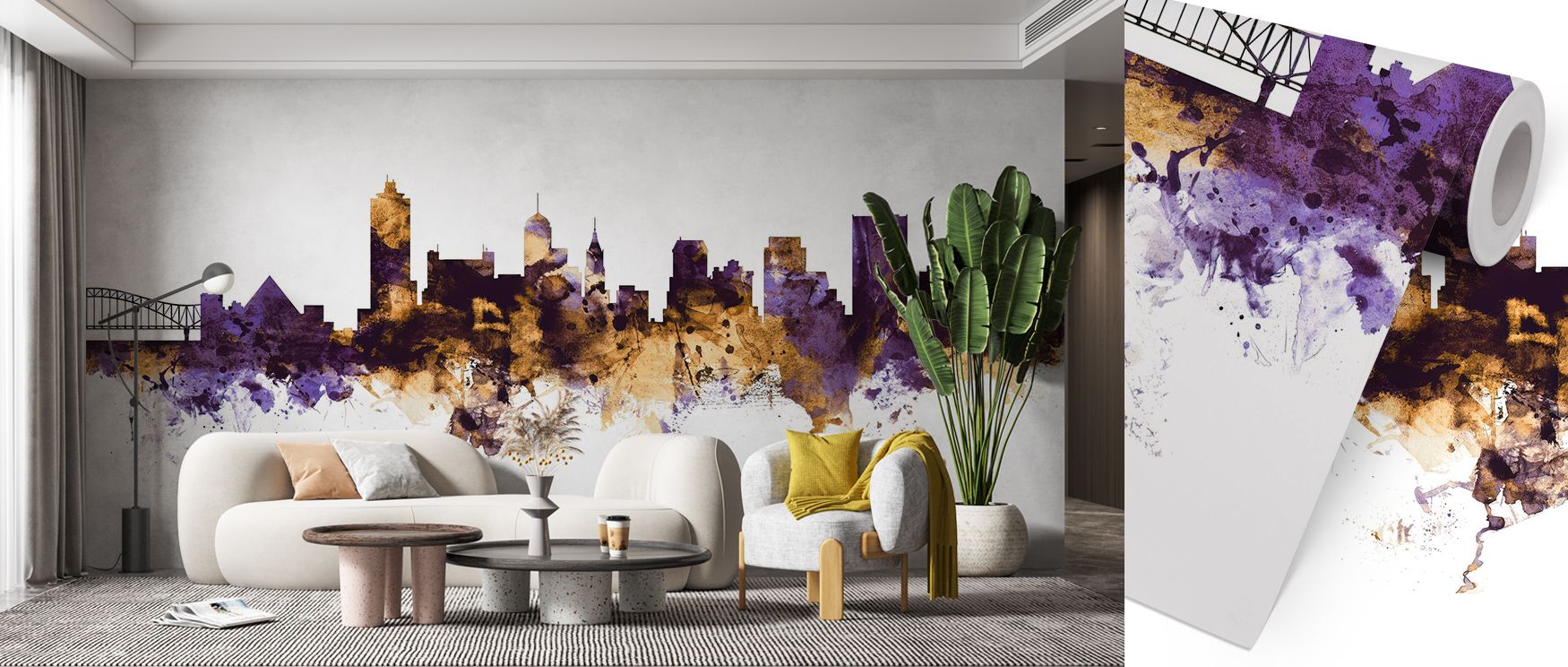Subtle gradients in Memphis Tennessee Skyline Purple & Gold Wallpaper flow like sunset light over the skyline, enhancing spaces with regal vibrancy and the timeless grace of urban architecture reimagined in color. 
