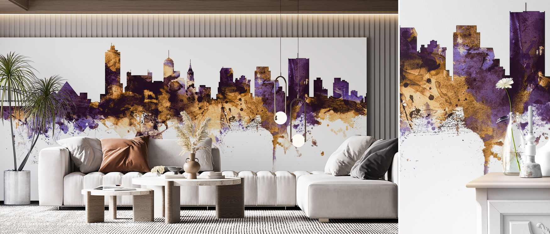 Each form in Memphis Tennessee Skyline Purple & Gold Wallpaper exudes balance between shadow and glow, merging design precision with expressive hues that bring an aura of sophistication to interior compositions. 