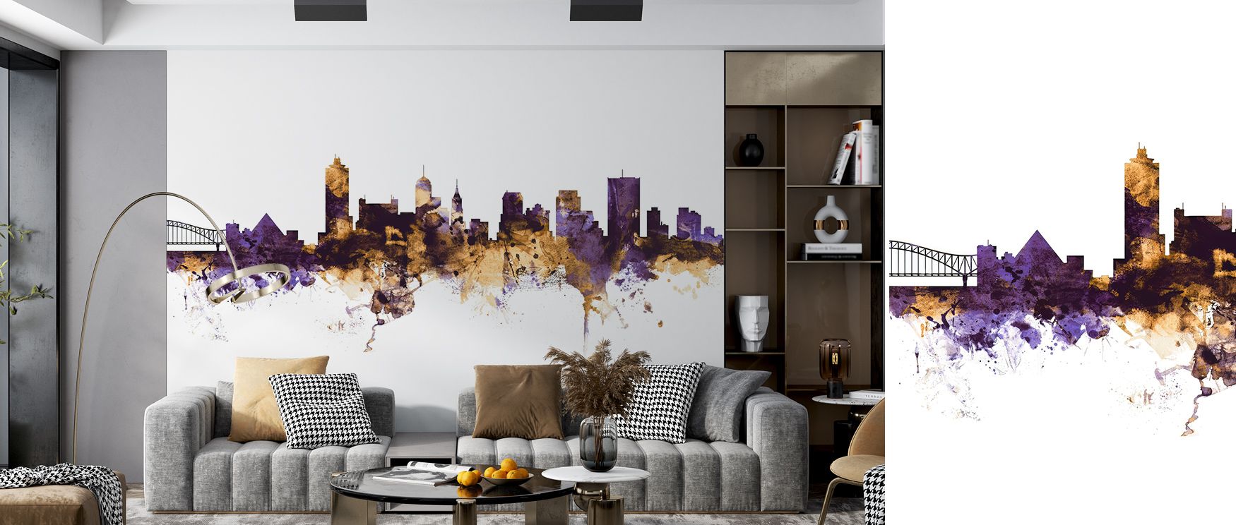 The atmosphere of dusk and dawn intertwines within Memphis Tennessee Skyline Purple & Gold Wallpaper, capturing urban silhouettes framed in radiant harmony that evokes artistic warmth and elegant modern serenity. 