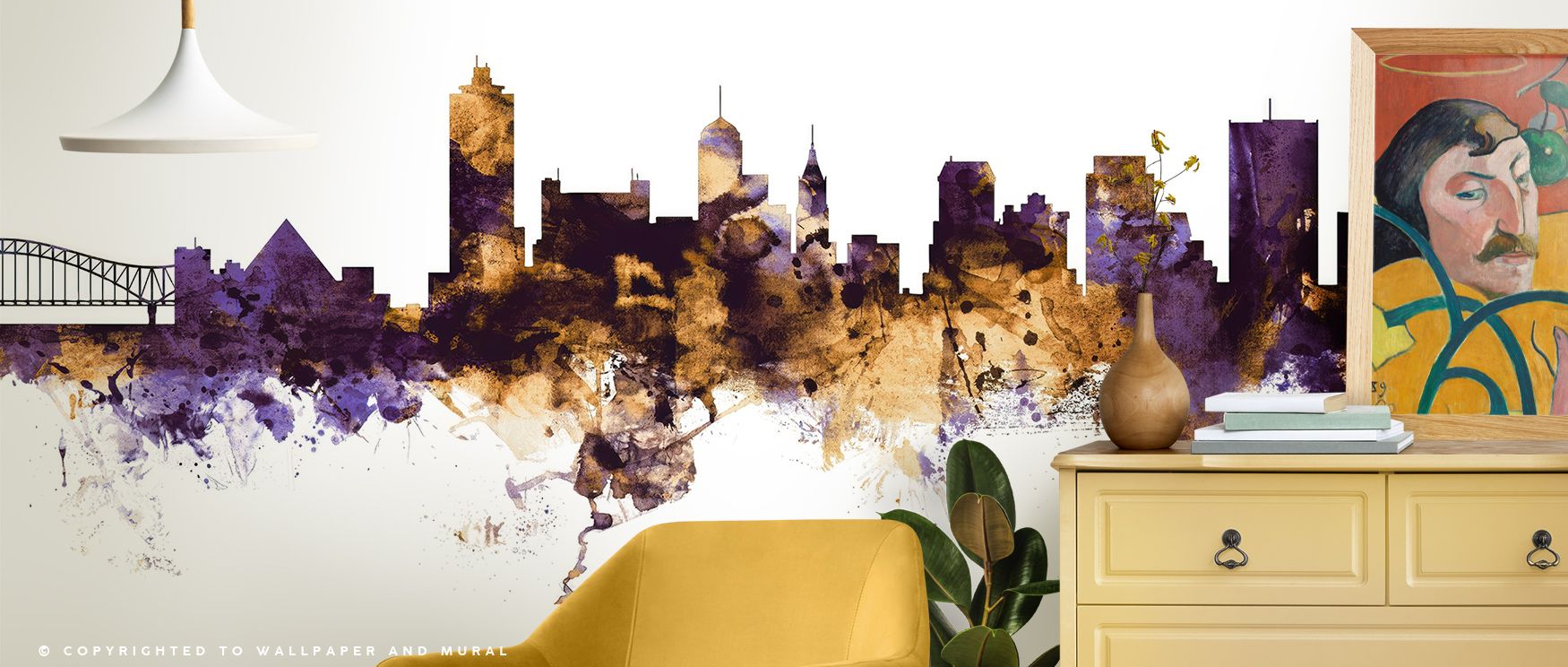 Through refined contrast and layered hues, Memphis Tennessee Skyline Purple & Gold Wallpaper embodies metropolitan grandeur, infusing rooms with the artistry of color and the spirit of Memphis design culture. 