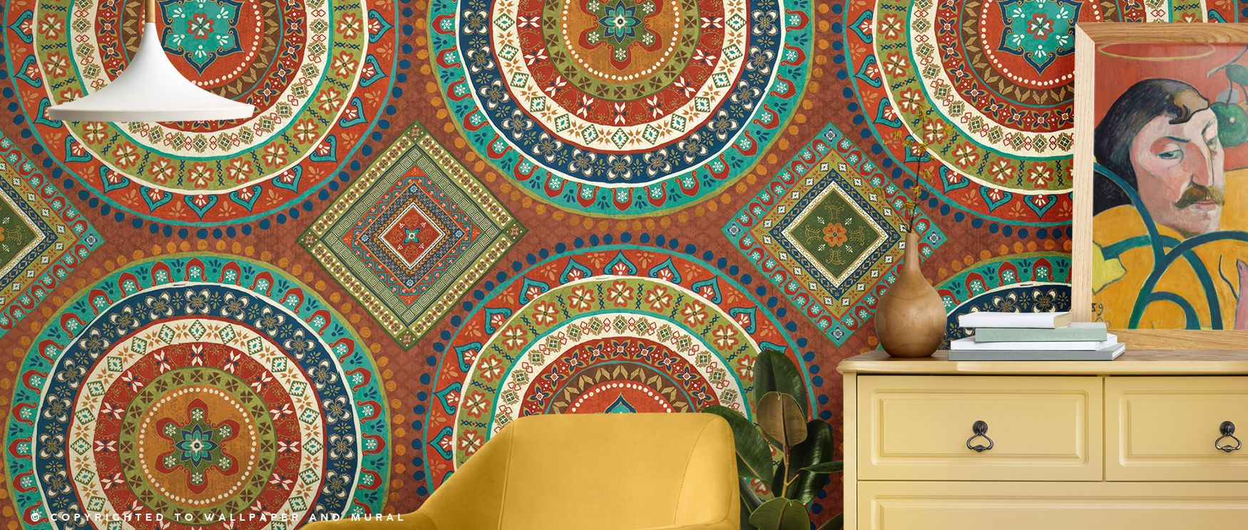 Flowing pigments of red and gold bloom within Mexican Fiesta X, capturing the heartbeat of celebration in vivid design. Each curve and swirl embodies rhythm and unity, merging art with feeling. The mural enriches interiors with vibrant light and depth, tu
