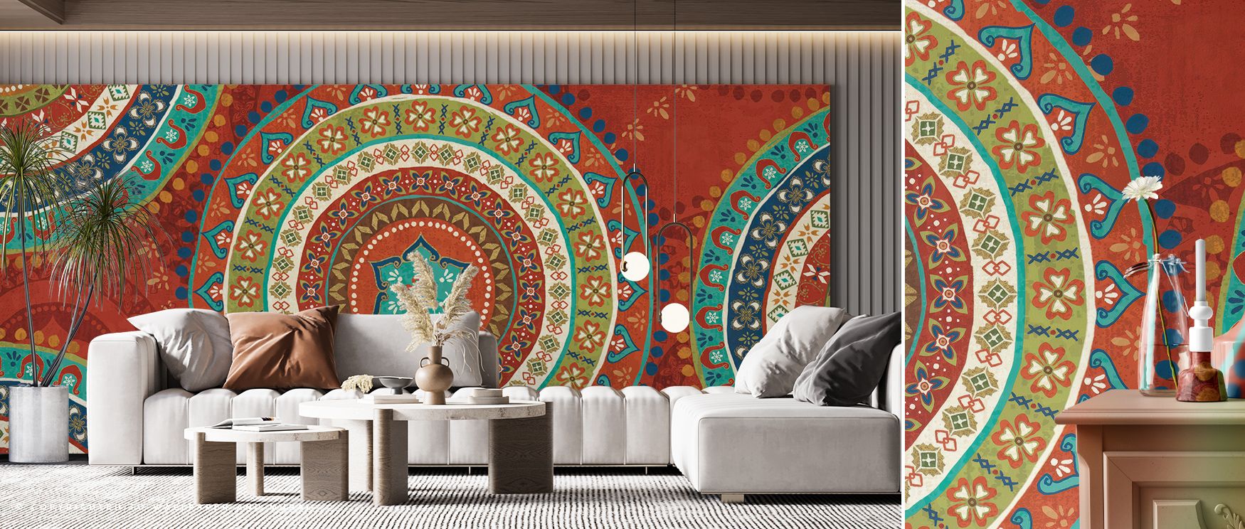 Flowing hues of amber, blue, and coral dance across Mexican Fiesta, reflecting an emotional rhythm full of life and craftsmanship. Every curve glows with artistry, conveying unity between form and imagination. The mural transforms interiors into luminous 