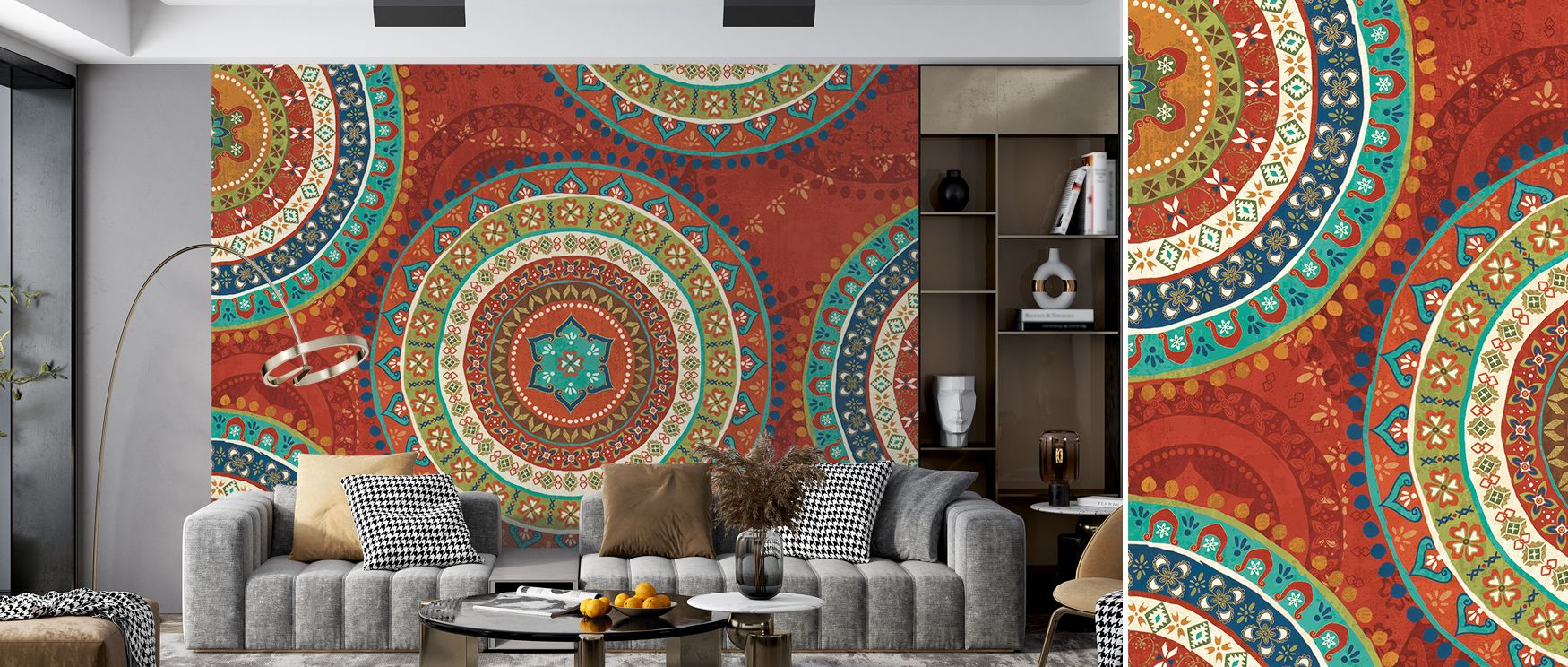 Radiant waves of gold and crimson course through Mexican Fiesta, crafting a visual dance that glimmers with heritage and motion. Its colors bloom in layers of texture, transforming spaces into fields of celebration and artistry. The mural radiates warmth,
