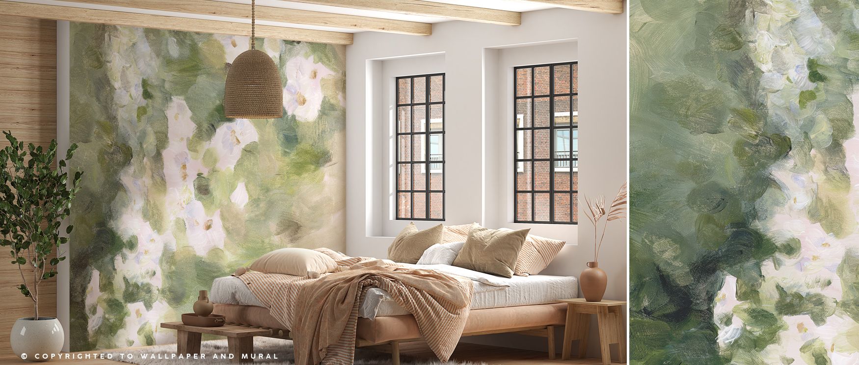 Sunlight filters through clusters of wildflowers in Midsummer Meadow, illuminating the lush expanse with serene brilliance. Greens shimmer under soft radiance, while blooms of ivory and lilac sway gently within the scene. The mural evokes warmth, growth, 